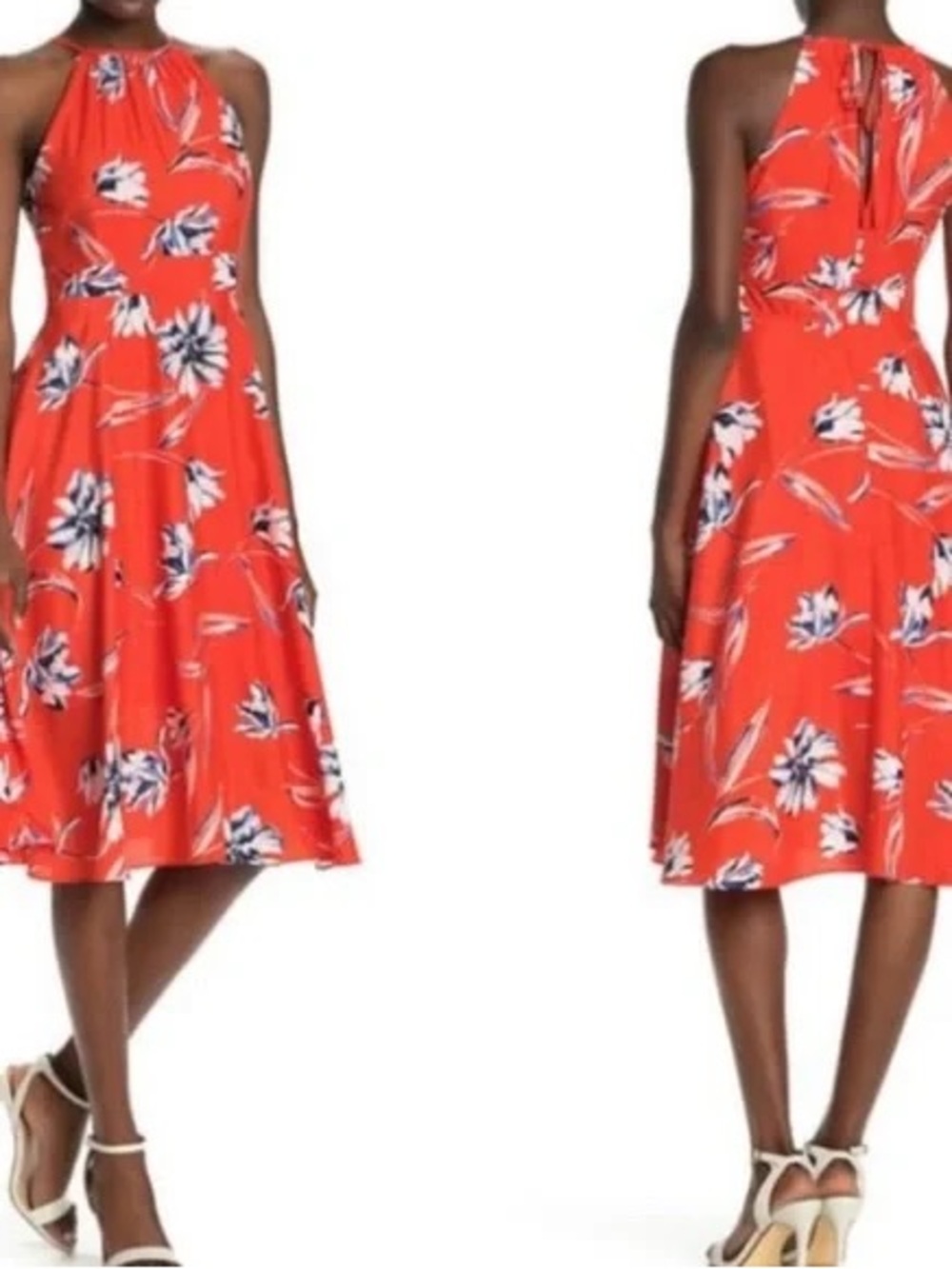 Eliza J Coral Halter Floral Midi Dress NWT